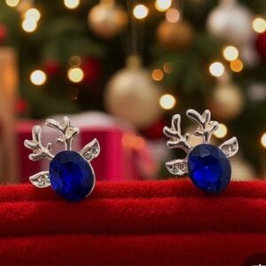Sparkly Blue Crystal Reindeer Stud Earrings‎ | Holiday Winter Christmas Jewelry